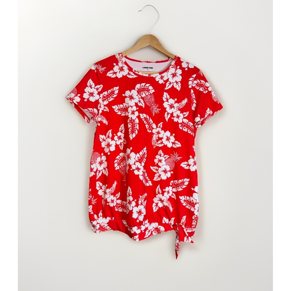 Lands' End Tie Front Rash Guard Swim Top Women's XS Red Tropical Short Sleeve